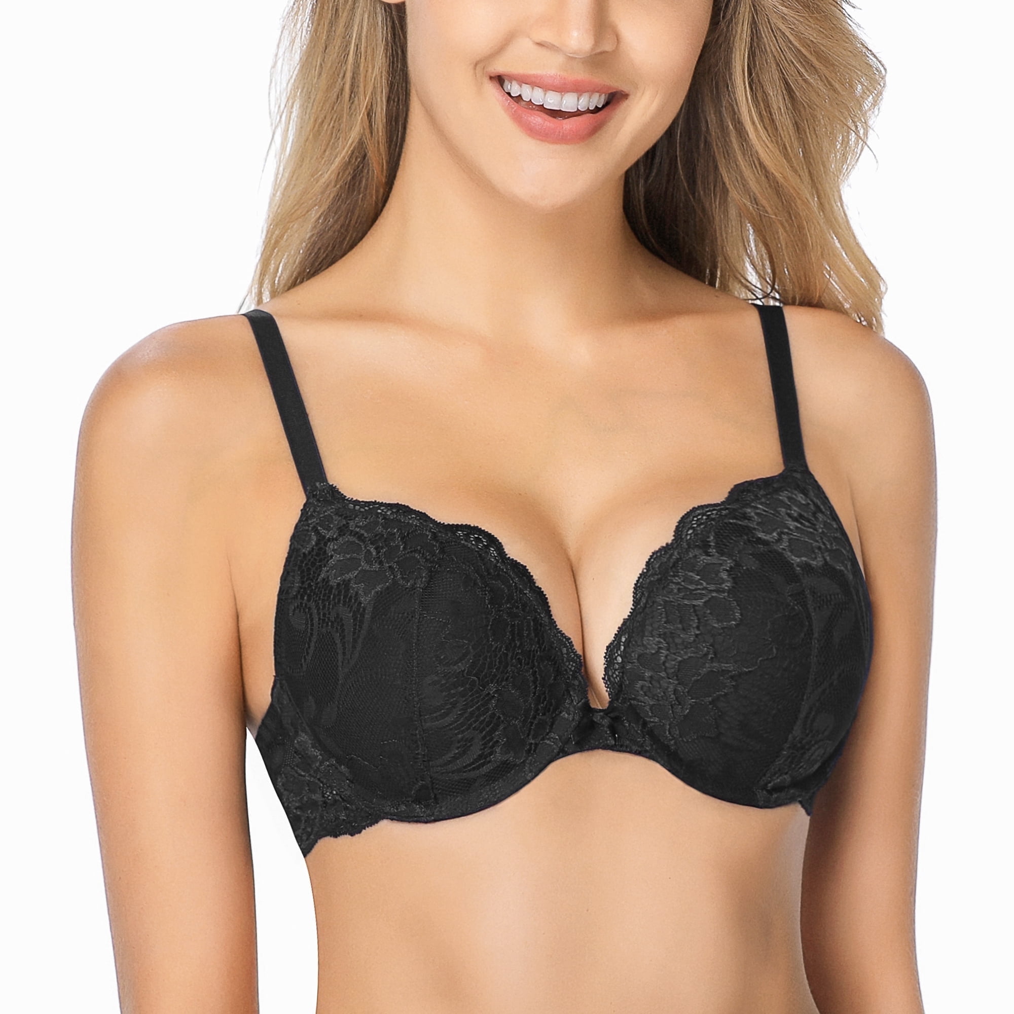 Wingslove Women's Push Up Sexy Lace Padded Plunge Underwire Lift Up Bras Add 1 Cup Boost Brassiere,Black 38C
